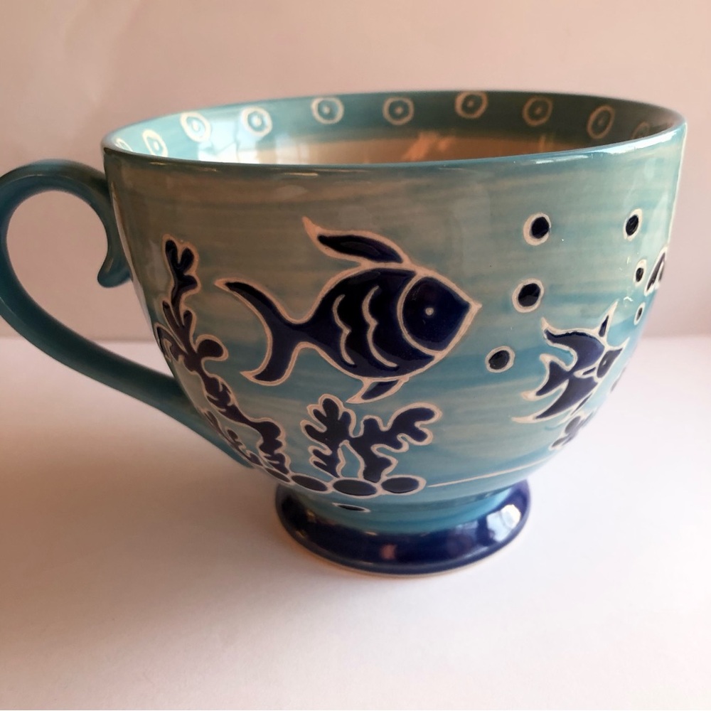 Yokohama Studio Pottery Blue Coffee Mug Tea Cup Hand painted fish sealife coral - Picture 5 of 9